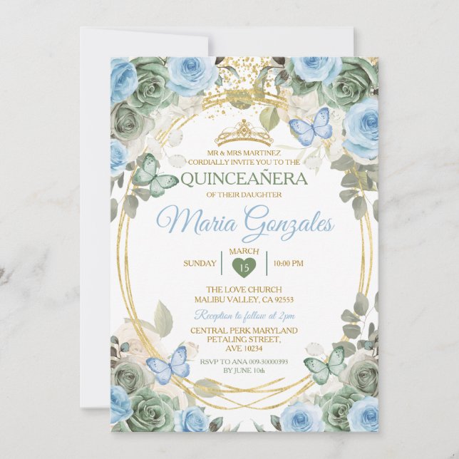Invitation Dusty Green And Dusty Blue Floral Gold Quinceañera (Devant)
