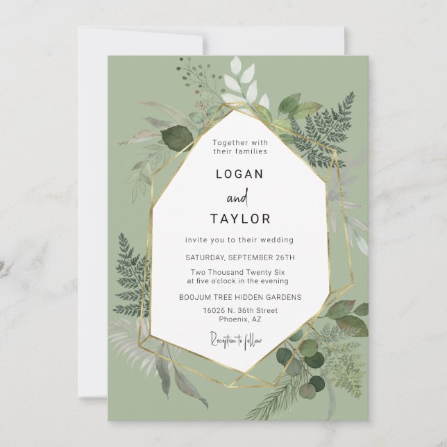 Invitation Dusty Green Botanical Greenery Gold QR Code Photo (Devant)