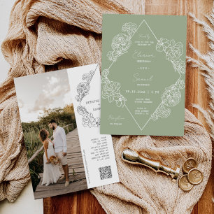 Invitation Dusty Green Botanical Line Art Boho QR Code Photo