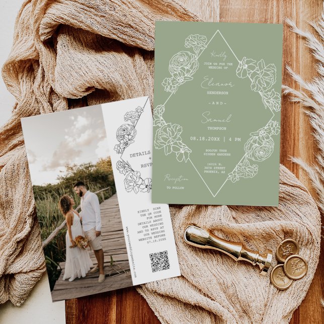 Invitation Dusty Green Botanical Line Art Boho QR Code Photo (Créateur téléchargé)