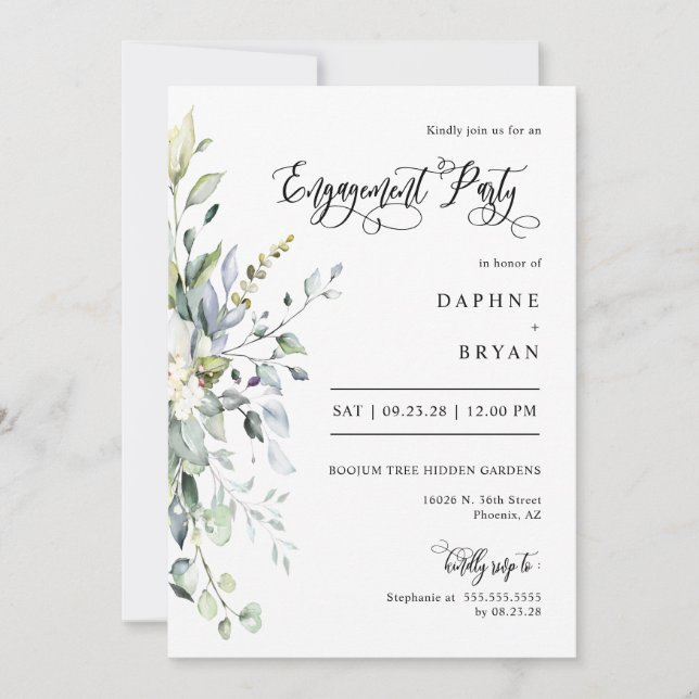 Invitation Dusty Green Feuilles Engagement Party QR Code Phot (Devant)
