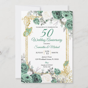 Invitation Dusty Green Floral Gold 50e anniversaire Mariage