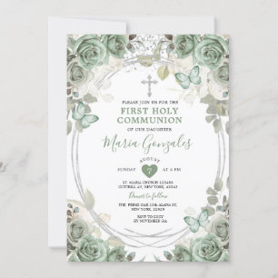 Invitation Dusty Green Floral Première Communion Sainte