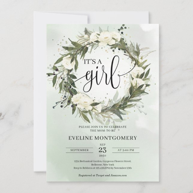 Invitation Dusty Green Olive Wreath White Roses C'est une fil (Devant)