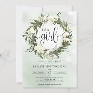 Invitation Dusty Green Olive Wreath White Roses C'est une fil