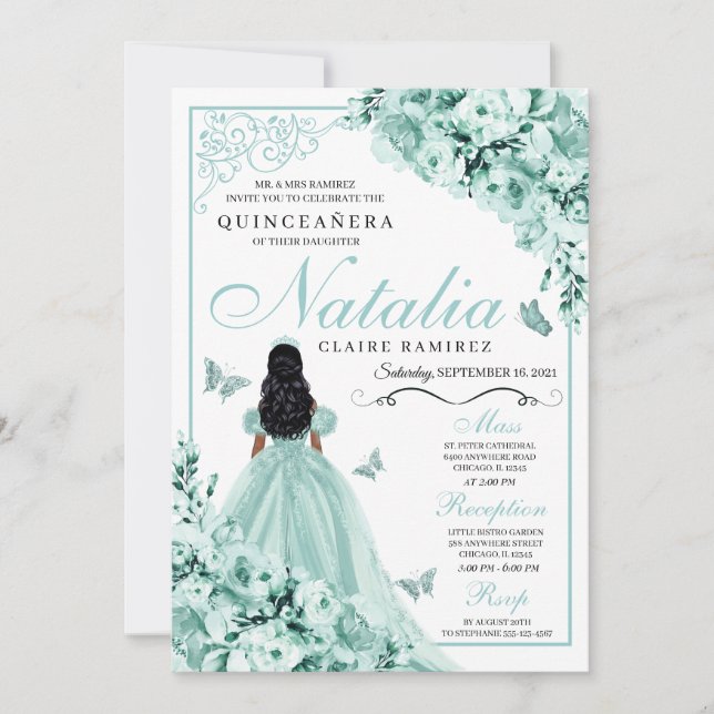 Invitation Dusty Green Rose princesse robe Quinceanera (Devant)