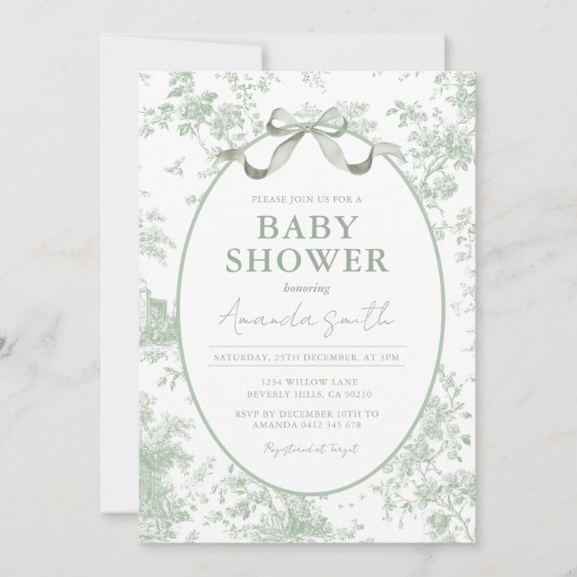 Invitation Dusty Green Sage Floral Toile Baby Shower Floral (Devant)