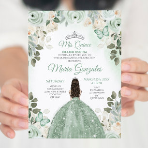 Invitation Dusty Green & Silver Mis Quince Floral Quinceañera