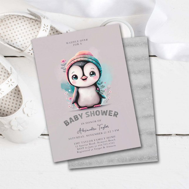 Invitation Dusty Lilac mignonne Baby shower fille d'hiver Pin (penguin baby shower invitation girl cute sweet adorable character watercolor winter cold outside)