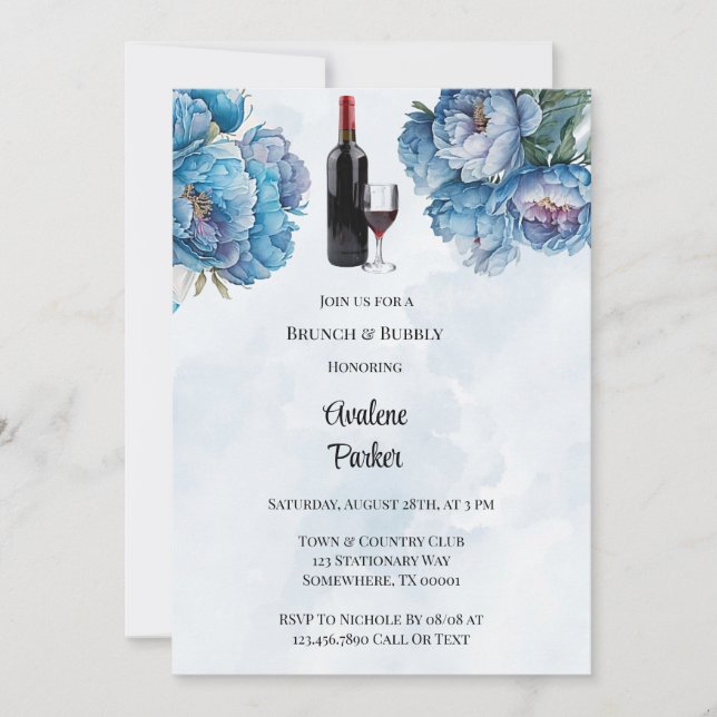 Invitation Dusty Marine Peint Peony Brunch & Bubbly (Devant)