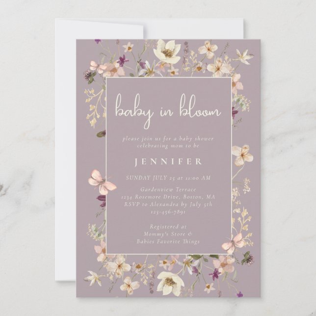 Invitation Dusty Mauve Baby Dans Le Baby shower Fleur sauvage (Devant)