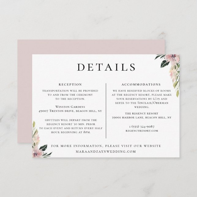 Invitation Dusty Mauve Floral Détails du Mariage Informations (Devant / Derrière)