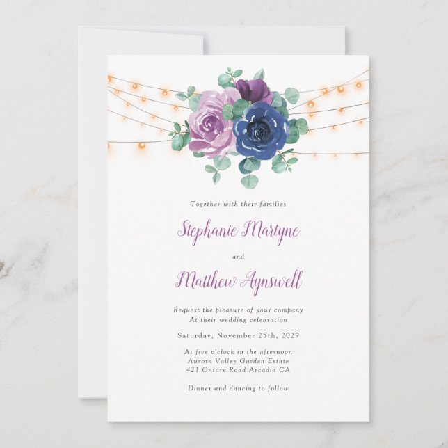 Invitation Dusty Mauve Marine Blue Eucalyptus Mariage (Devant)