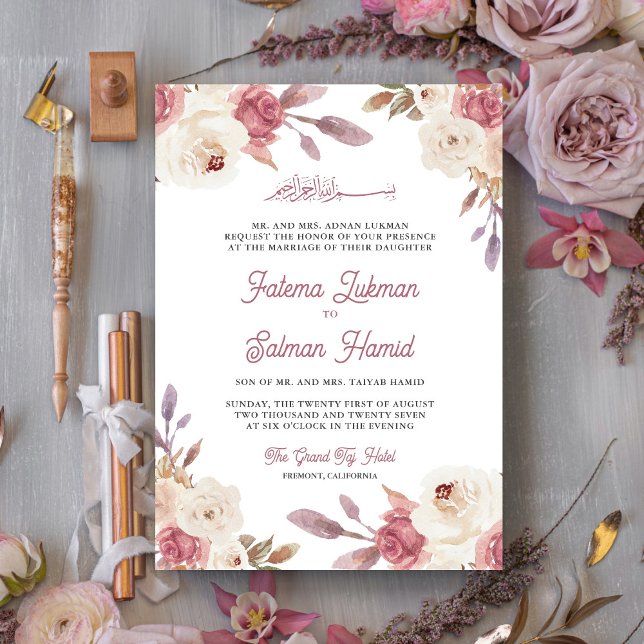 Invitation Dusty Mauve rose Floral musulman musulman Mariage  (Créateur téléchargé)