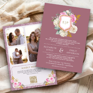 Invitation Dusty Mauve rose Floral QR Code Crest Mariage