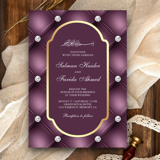 Invitation Dusty Mauve violet Diamants Tufés Mariage musulman (Créateur téléchargé)