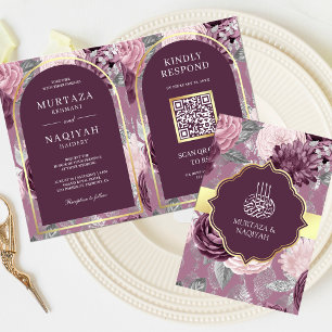 Invitation Dusty Mauve violet Floral QR Code Mariage musulman