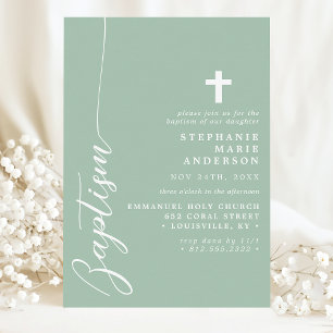 Invitation Dusty Mint Simple Script moderne Baptême