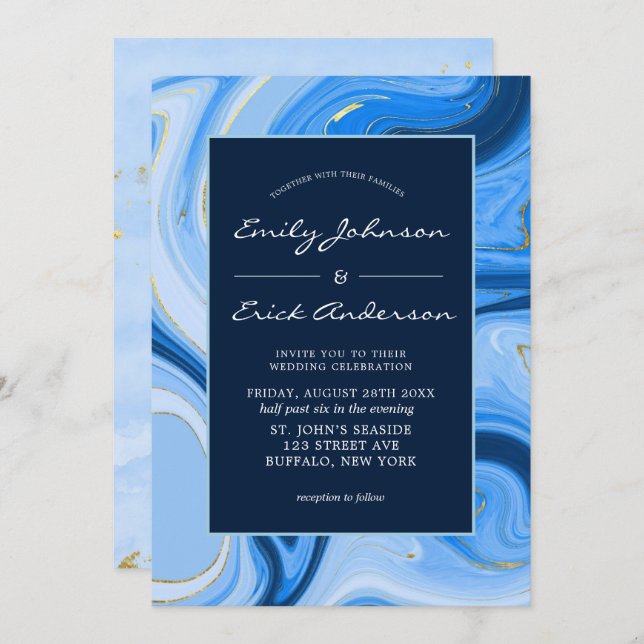 Invitation Dusty Navy Blue Gold Agate Mariage d'aquarelle (Devant / Derrière)