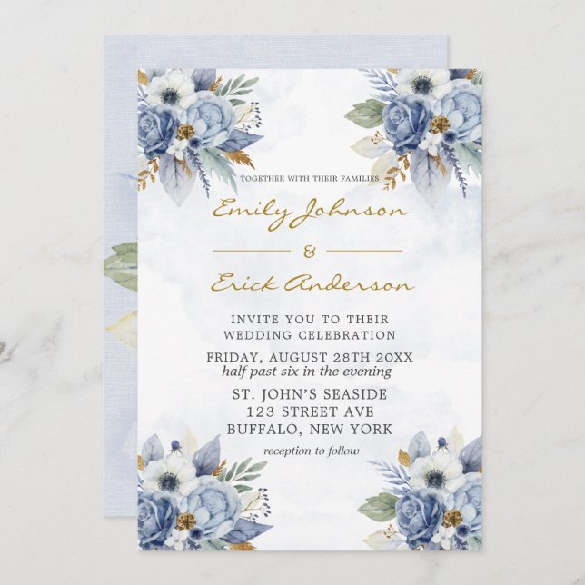 Invitation Dusty Navy Blue Gold Aquarelle Peony Chic Mariage (Devant / Derrière)