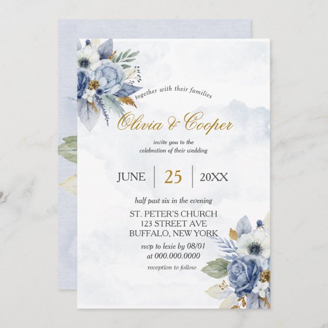 Invitation Dusty Navy Blue Gold Peony Aquarelle Chic Mariage (Devant / Derrière)