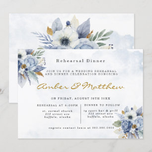 Invitation Dusty Navy Blue Gold Peony Dîner de répétition Inv