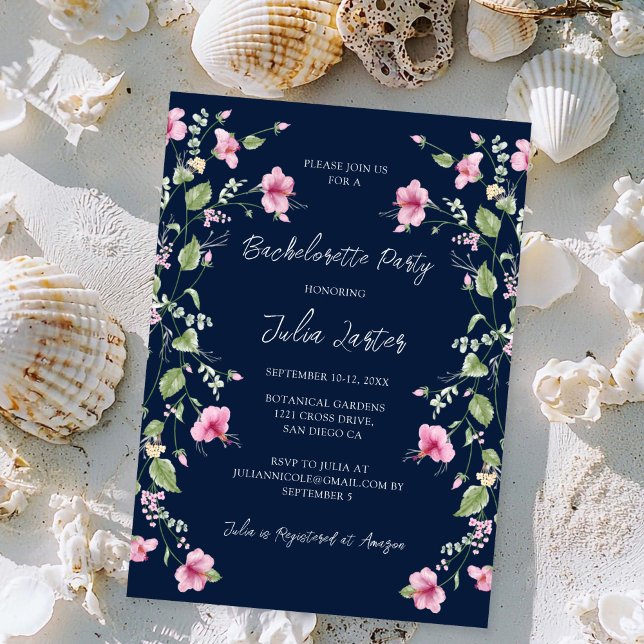 Invitation Dusty Navy Blue Rose Hibiscus Bachelorette Party (Créateur téléchargé)