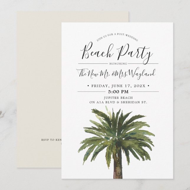 Invitation Dusty Palms | Sand Fête de plage après mariage (Devant / Derrière)
