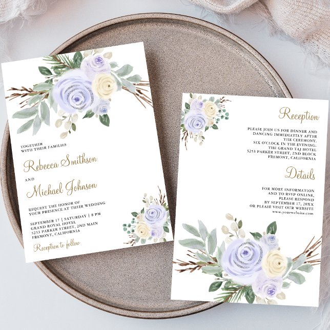 Invitation Dusty Pastel Purple Floral tout en un Mariage (Créateur téléchargé)