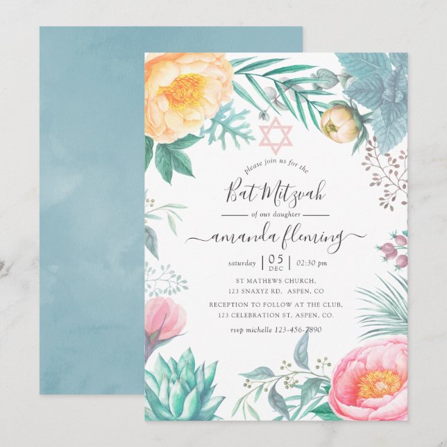 Invitation Dusty Pastel Tropical Floral Bat mitzvah d'été (Devant / Derrière)