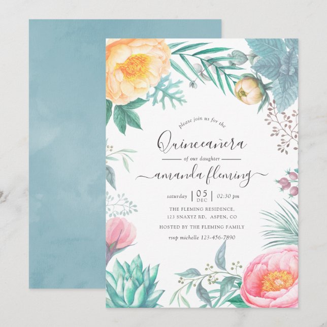 Invitation Dusty Pastel Tropical Floral été Quinceañera (Devant / Derrière)