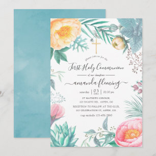 Invitation Dusty Pastel Tropical Floral Été Sainte Communion