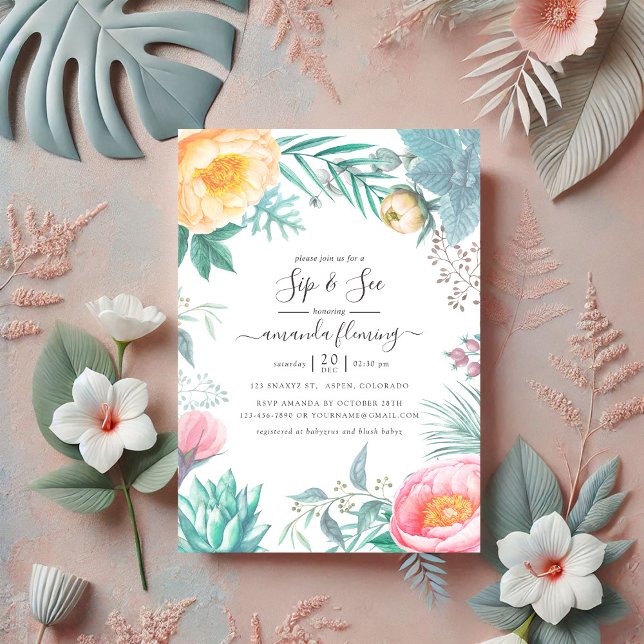 Invitation Dusty Pastel Tropical Floral Summer Sip and See (Dusty Pastel Tropical Floral Summer Sip and See Invitation)