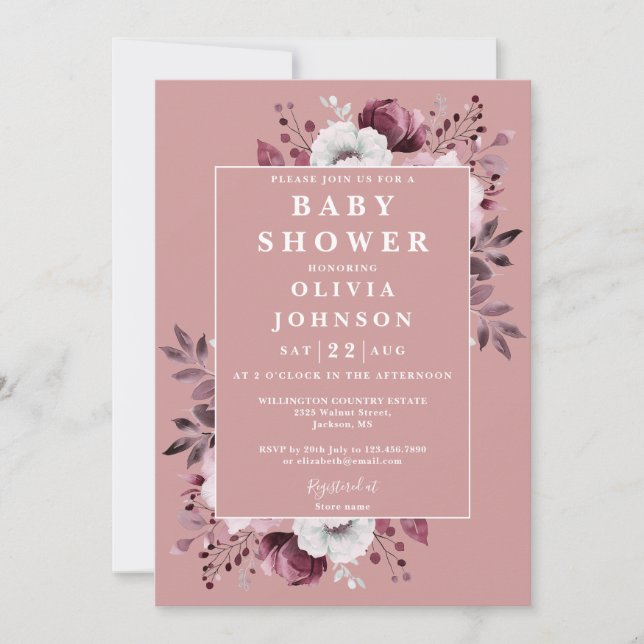 Invitation Dusty Pays Rose Floral Tout En Un Baby shower (Devant)