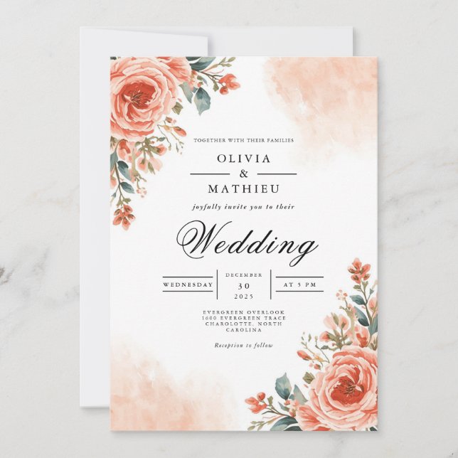 Invitation Dusty Pêche Floral Mariage (Devant)
