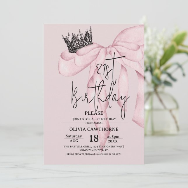 Invitation Dusty Pink 21st Birthday ⎮Pink Royal Bow Party (Debout devant)