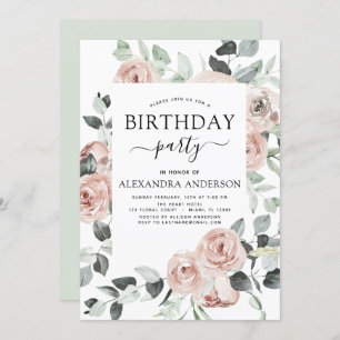 Invitation  Dusty Pink Birthday Party Floral Greeneritat Invi