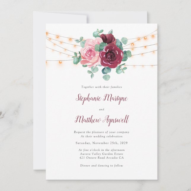 Invitation Dusty Pink Bourgogne Eucalyptus Mariage (Devant)
