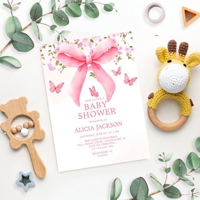 Invitation Dusty Pink Bow Floral Coquette Papillons Bébé (Créateur téléchargé)
