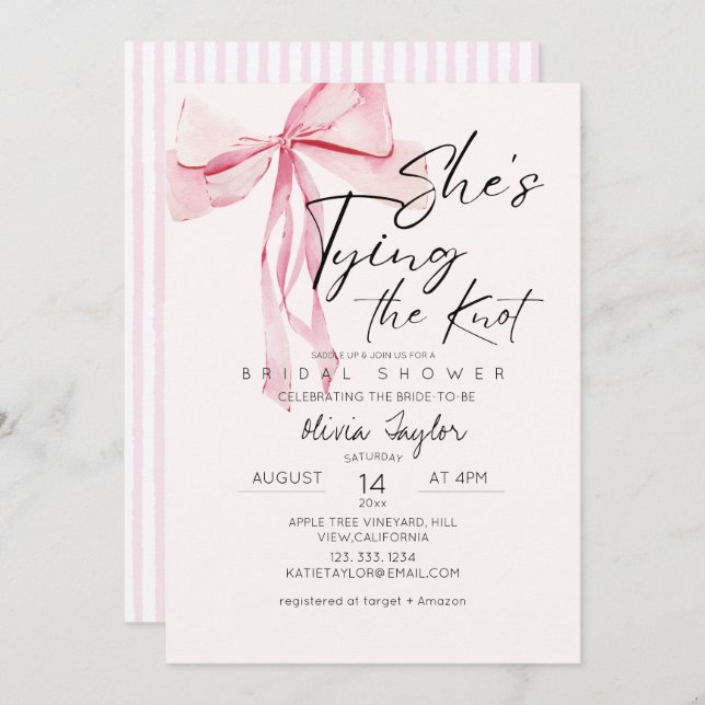 Invitation Dusty Pink Bow She's Tying the Knot Fête des marié (Devant / Derrière)