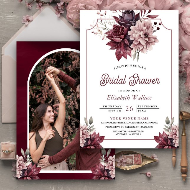Invitation Dusty Pink Burgundy Floral Photo Fête des mariées (Créateur téléchargé)