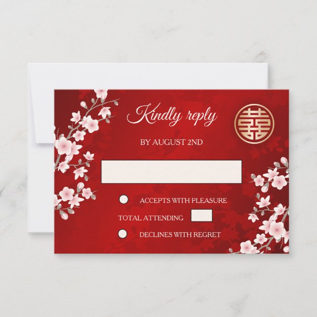 Invitation Dusty PInk Cherry Blossom Red RSVP Mariage chinois (Devant)