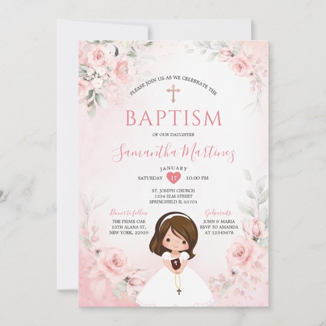 Invitation Dusty Pink Cross Floral Girl Praying Holy Baptism (Devant)