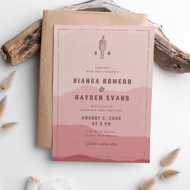 Invitation Dusty Pink Desert Cactus Mariage occidental (Western wedding invitation with painted desert landscape and cactus illustration in dusty pink.)