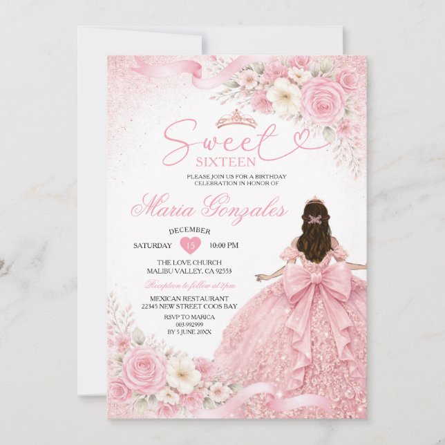 Invitation Dusty Pink Floral Charra Princess Sweet Sixteen (Devant)