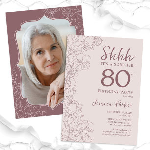 Invitation Dusty Pink Mauve Photo Surprise 80e anniversaire
