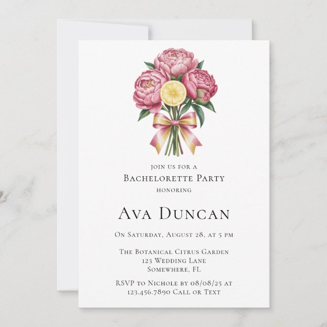 Invitation Dusty Pink Peonies et Lemon Bachelorette Party (Devant)