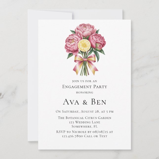 Invitation Dusty Pink Peonies et Lemon Engagement Party (Devant)