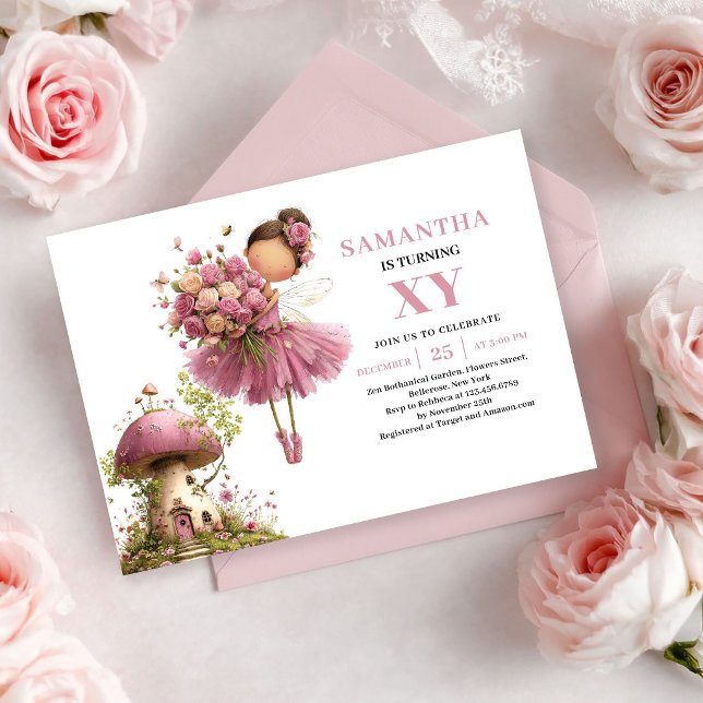 Invitation Dusty Pink pour les 3 ans de Magical Fa (Magical Fairy Girl 3rd Birthday Dusty Pink invitation)