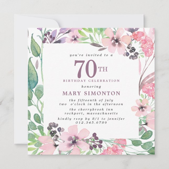Invitation Dusty Pink Purple Fleur sauvage 70e anniversaire (Devant)